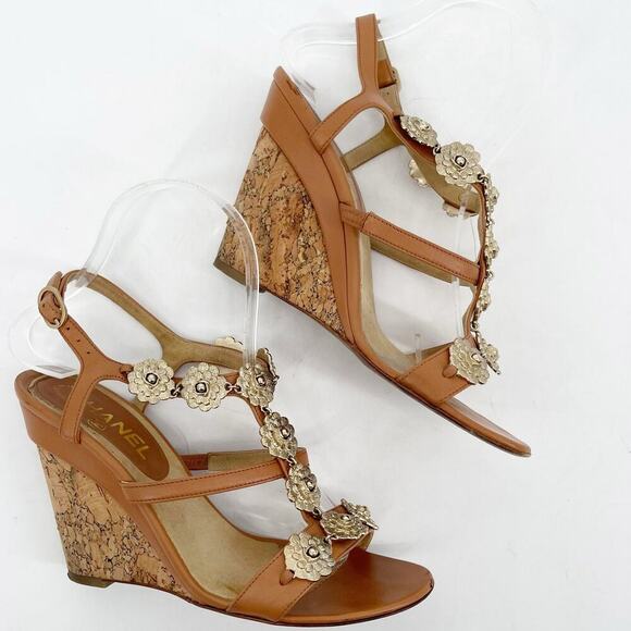 Chanel EU 37 2012 Cruise Tan Leather Camellia Flower T-Strap Cork Wedge Sandals - Picture 5 of 16